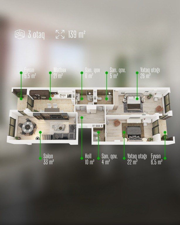 Satılır 3 otaqlı yeni tikili, 139 m², Neftçilər m.-3